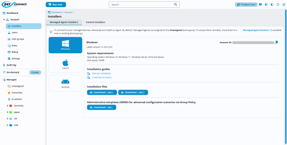 Installers page showing the Managed Agent Installers tab with Windows selected. It displays version info, system requirements, and installation guides. Installation files are available as .exe, .msi, and .zip (ADMX templates). Account ID is shown, along with Managed Agent licences available. 